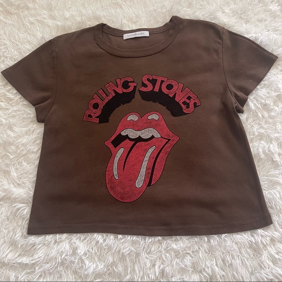 Daydreamer Brown Rolling Stones Tongue Short Sleeve Boxy Crop Tee; SZ L; NWOT - Picture 2 of 10